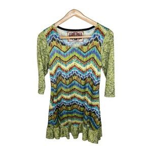 Amma Design Art to Wear Tunic Dress Size Large Green Floral Abstract Ruffled Hem
